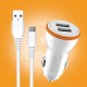 White dual USB car charger adapter with orange top ring and detachable USB to Type-C cable