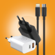 Dual-port PD fast Home charger in white and black shown with Type-C to Lightning cable