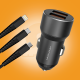 Close-up of elongated flexible strain-relief collars on black braided cables