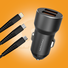 شاحن سيارة سريع  QC 3.0 بمنفذين USB مع سلك قماش WUW-T77