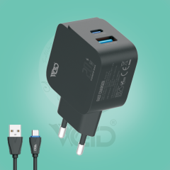 عظمة شحن منزلي سريع 20 واط بمنفذين مع كيبل Type-C موديل WD-T10